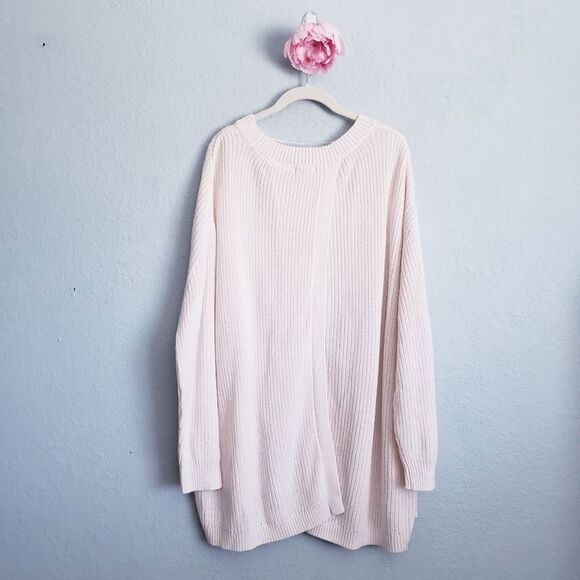 Kaari Blue Ivory Oversized Ribbed Knit Lace Applique Split Back Sweater Tunic - Picture 5 of 6